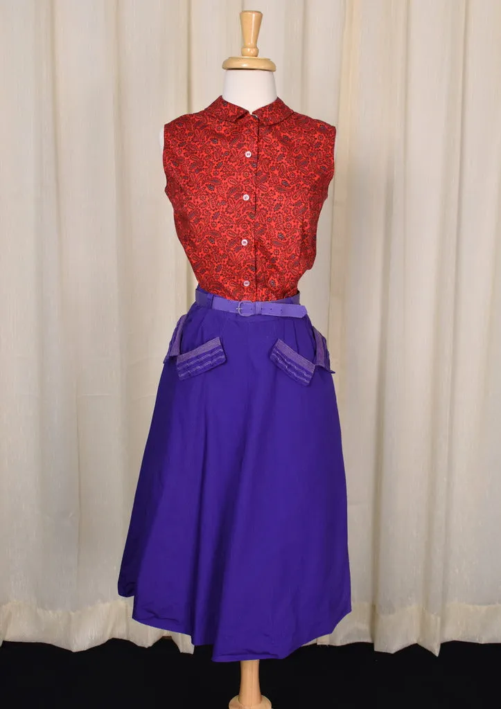 1950s Purple Stitched Pocket A-line Skirt