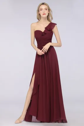 A-Line Chiffon One-Shoulder Sweetheart Long Bridesmaid Dress with Slit