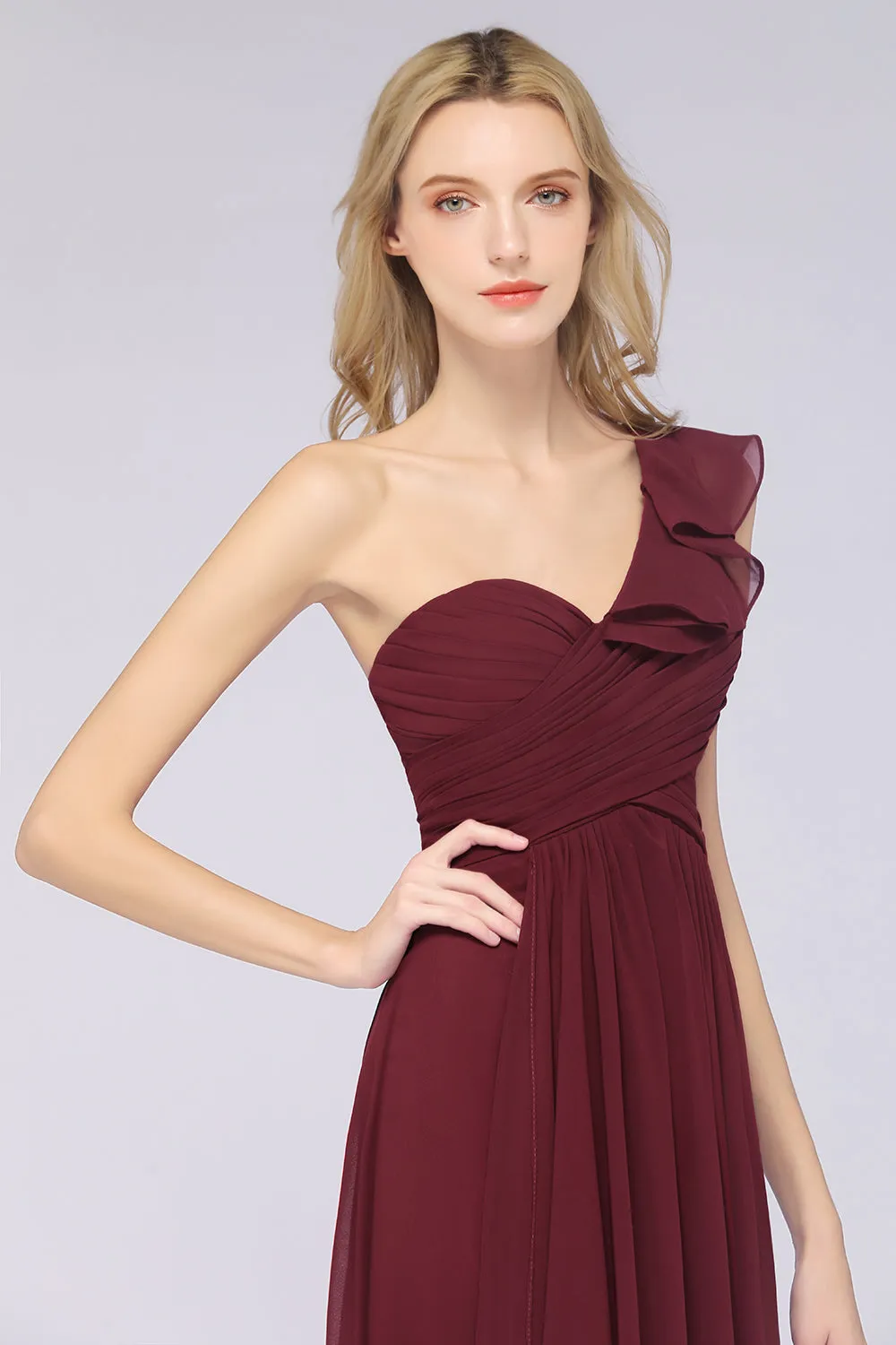 A-Line Chiffon One-Shoulder Sweetheart Long Bridesmaid Dress with Slit