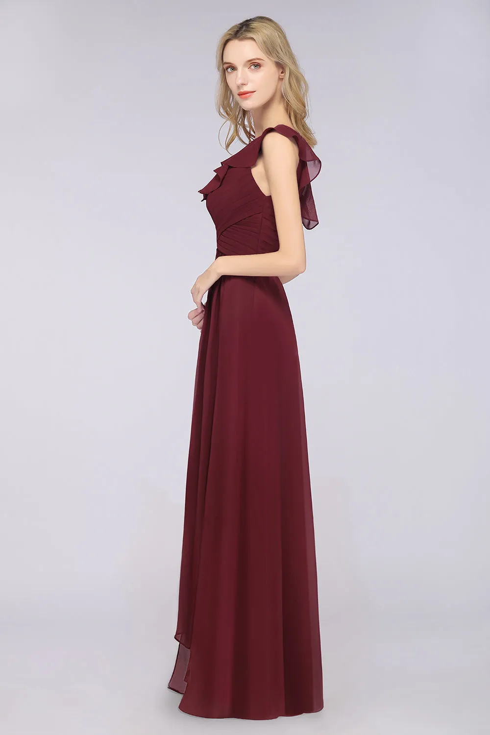 A-Line Chiffon One-Shoulder Sweetheart Long Bridesmaid Dress with Slit