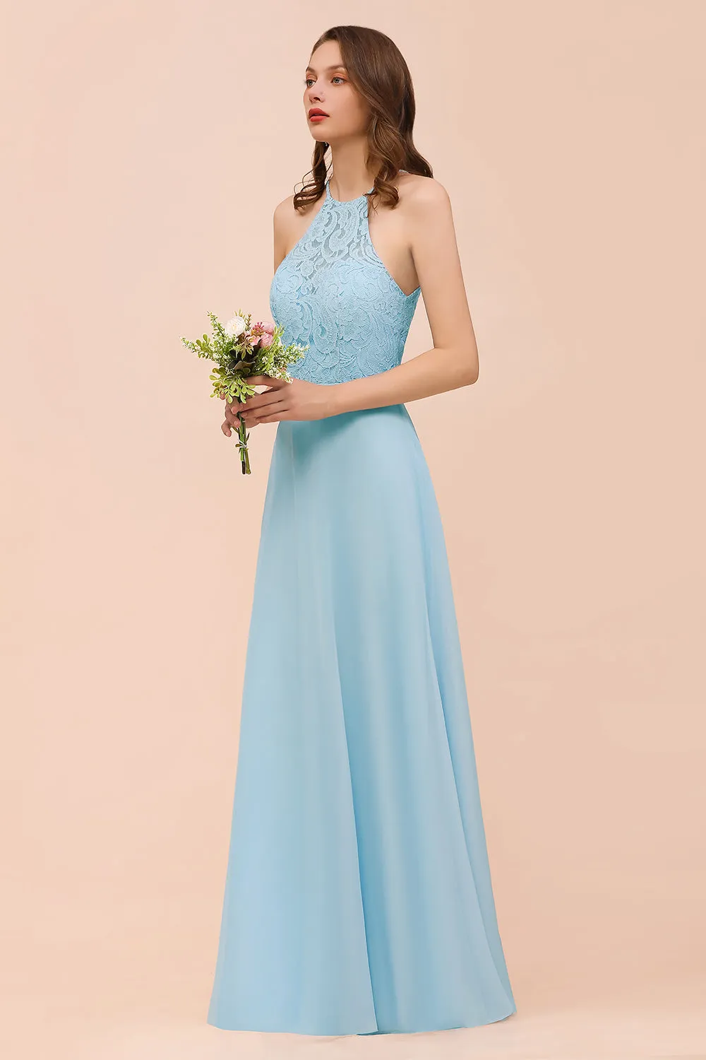 A-Line Halter Appliques Chiffon Long Bridesmaid Dress Sky Blue Party Dress