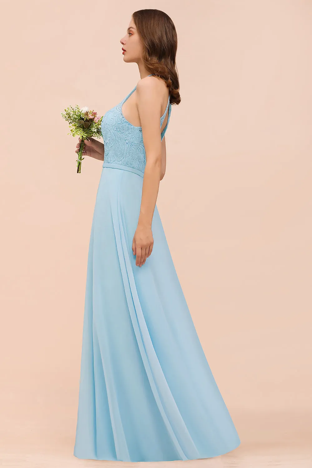 A-Line Halter Appliques Chiffon Long Bridesmaid Dress Sky Blue Party Dress