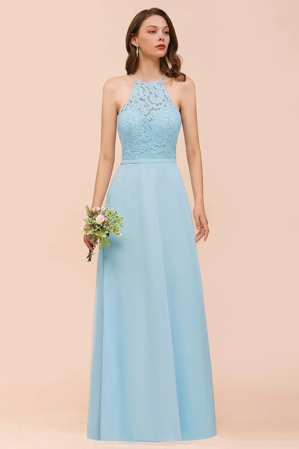 A-Line Halter Appliques Chiffon Long Bridesmaid Dress Sky Blue Party Dress