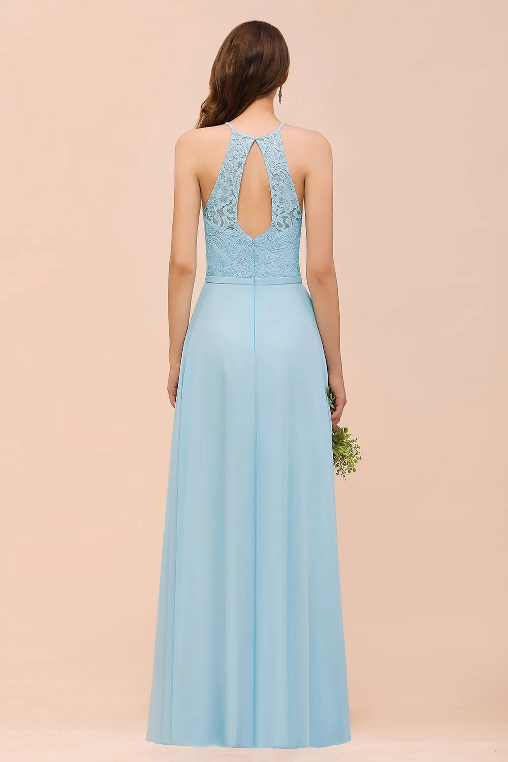 A-Line Halter Appliques Chiffon Long Bridesmaid Dress Sky Blue Party Dress