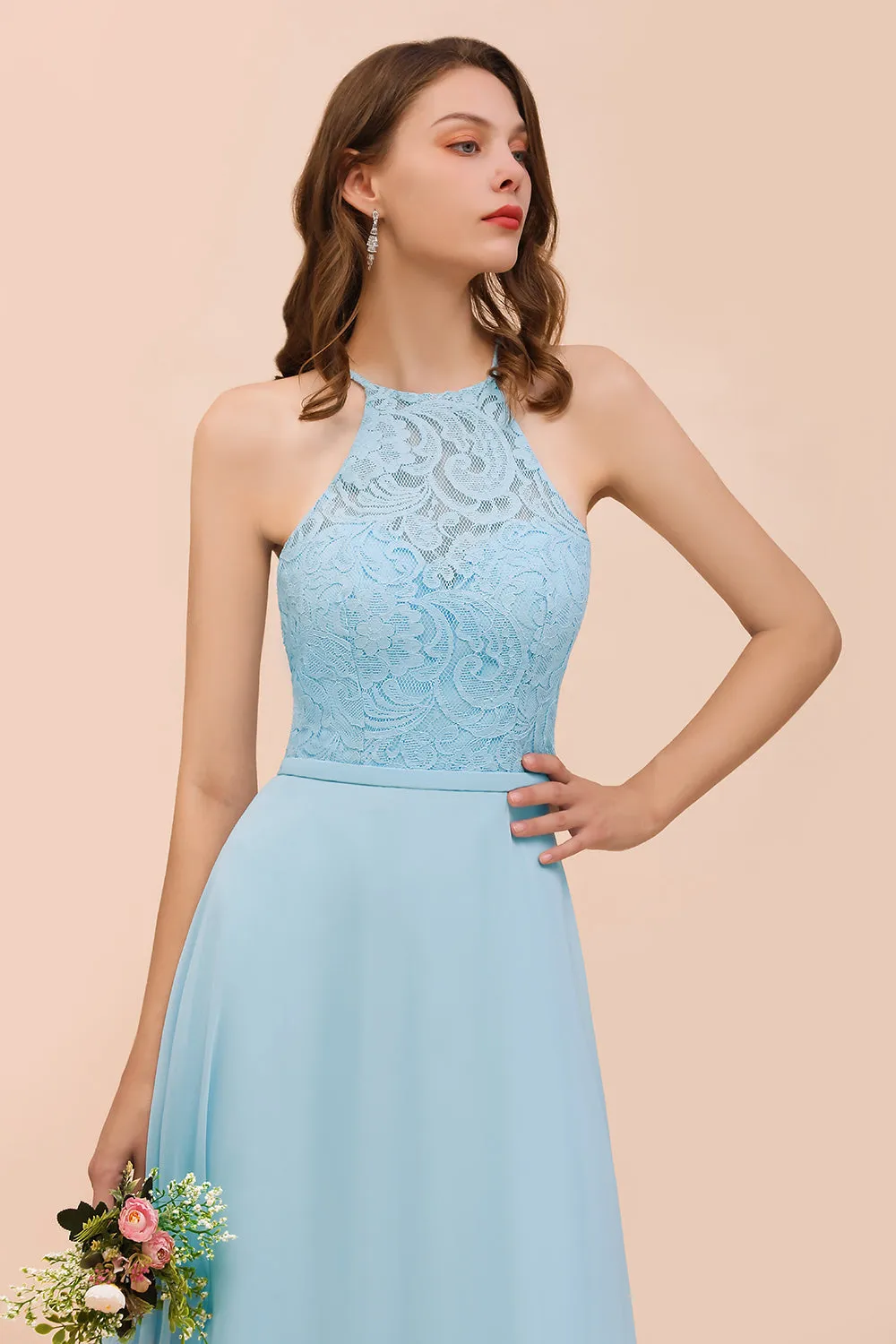 A-Line Halter Appliques Chiffon Long Bridesmaid Dress Sky Blue Party Dress