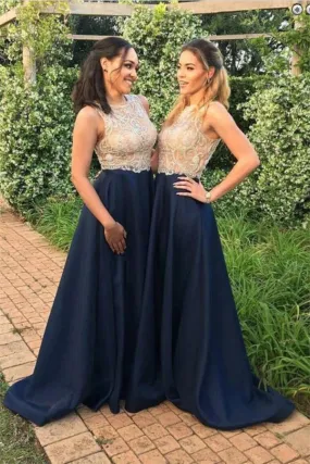 A line High Neck Blue Sleeveless Beads Prom Dresses Satin Bridesmaid Dresses