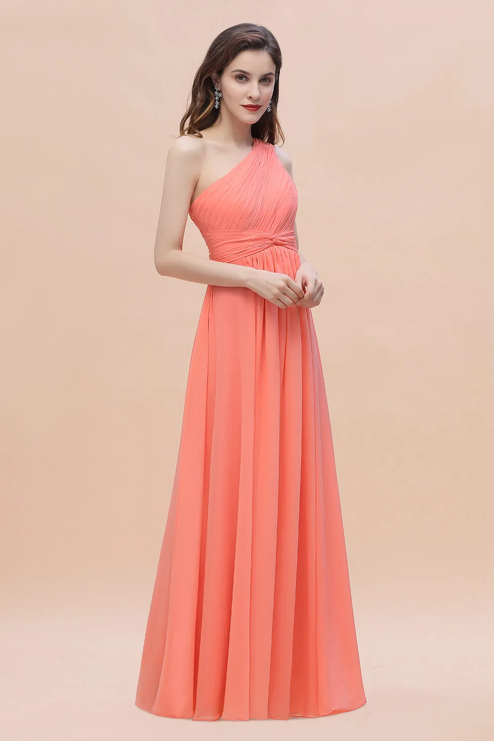 A-Line One Shoulder Chiffon Bridesmaid Dress Pretty Long Wedding Guest Dress