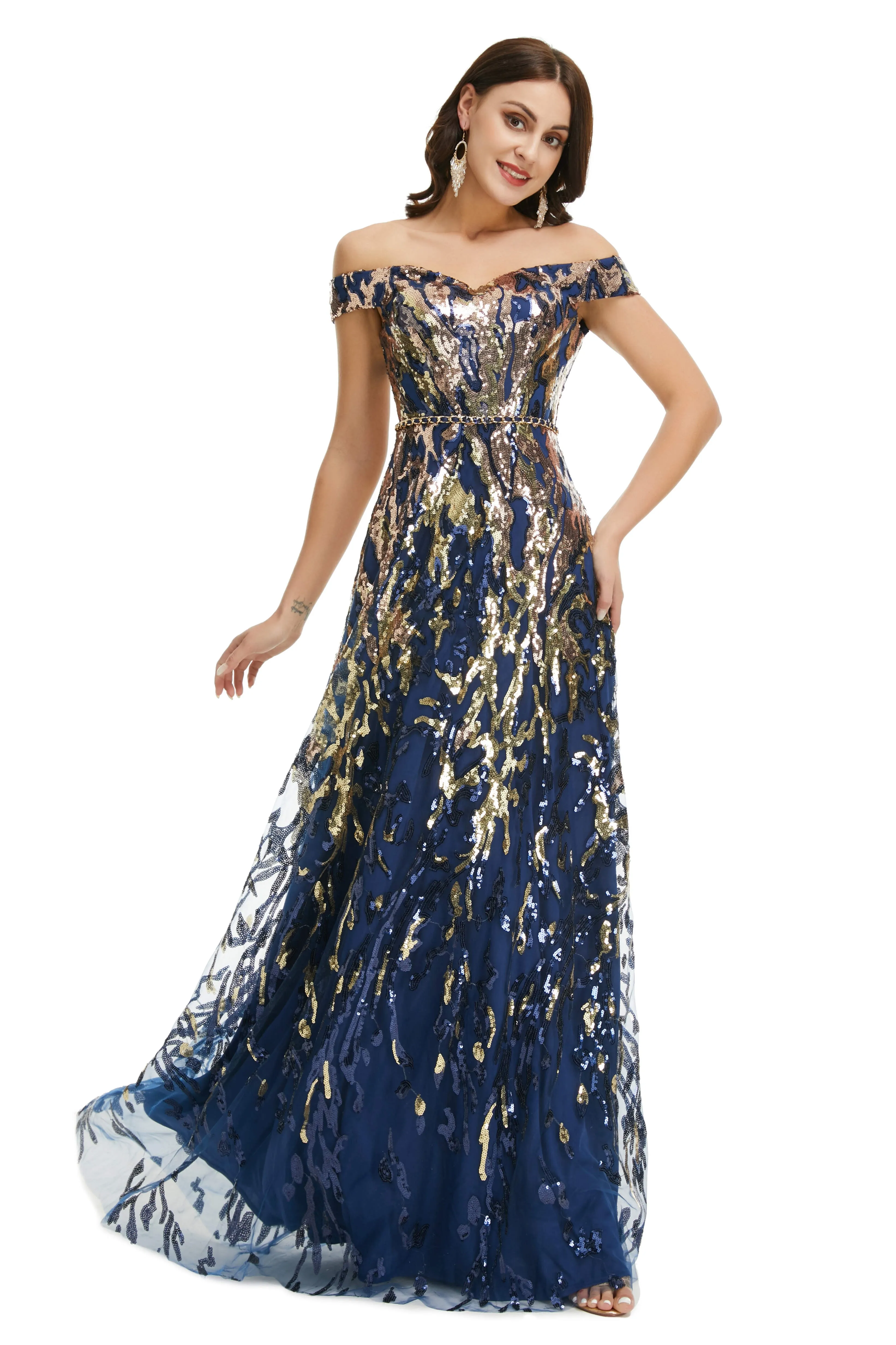 A Line Sequins Off the Shoulder Long Prom Dresses