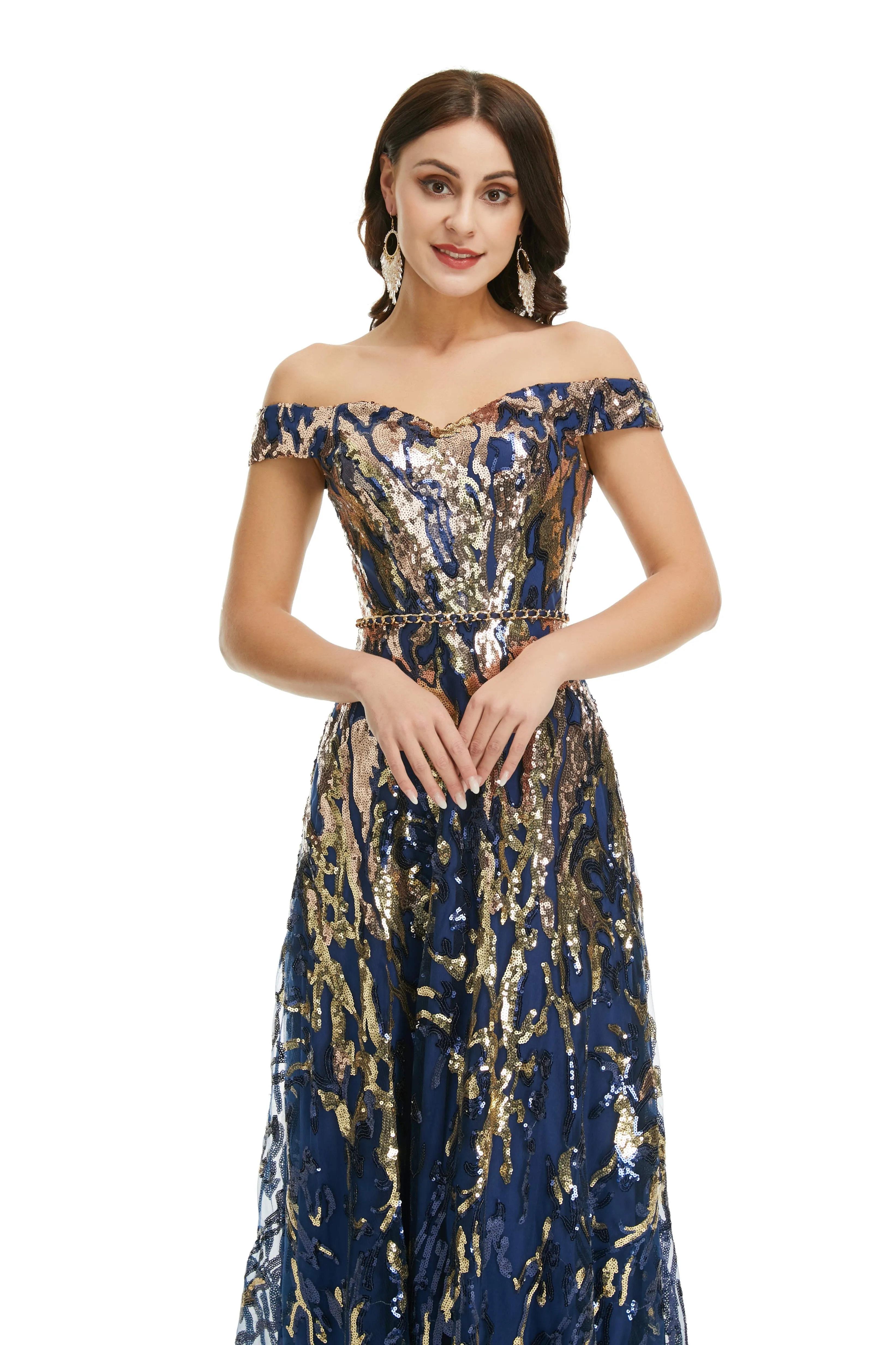 A Line Sequins Off the Shoulder Long Prom Dresses