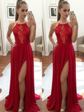 A Line Sleeveless Halter Neck Lace Red Prom Dress, Red Formal Dress, Red Lace Graduation Dress