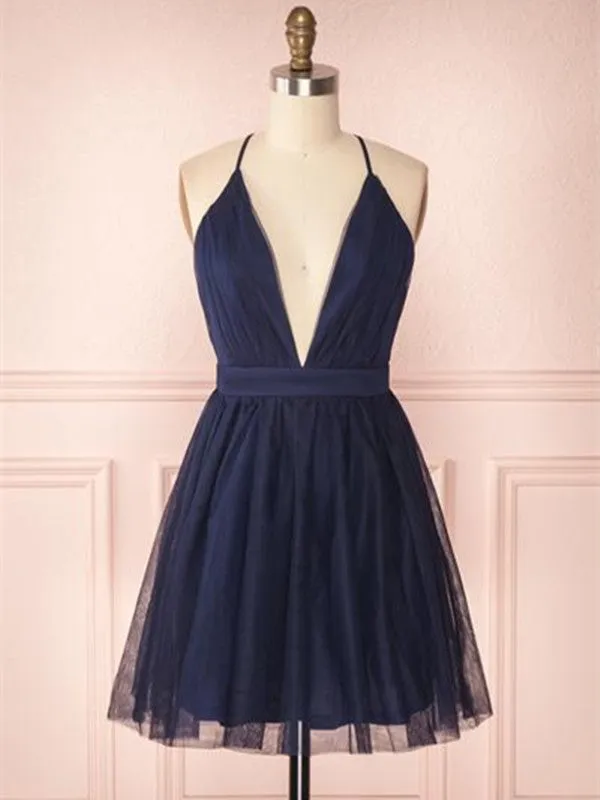 A Line V Neck Navy Blue Short Prom Dresses, Navy Blue Homecoming Dresses