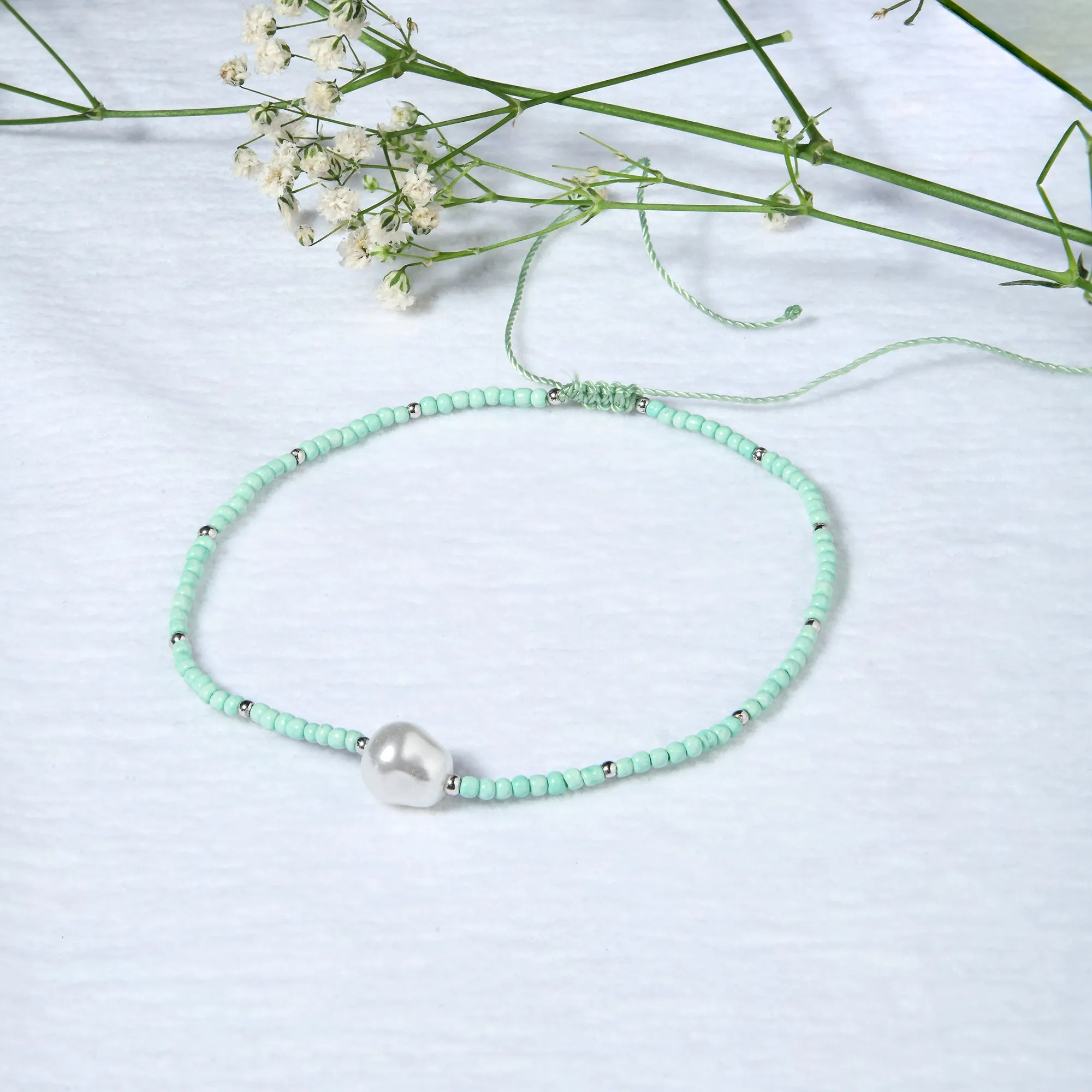 Accessorize London Women's Green Pearl Friendship Anklet