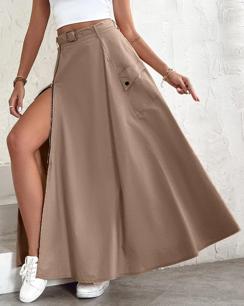 Adjustable Waistbelt Zipper High Slit Maxi A line Skirt