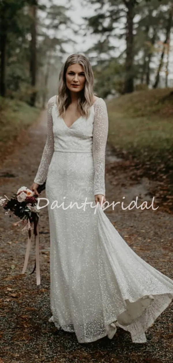 Affordable V-neck Long Sleeve V-back Long Wedding Dresses, DB10683