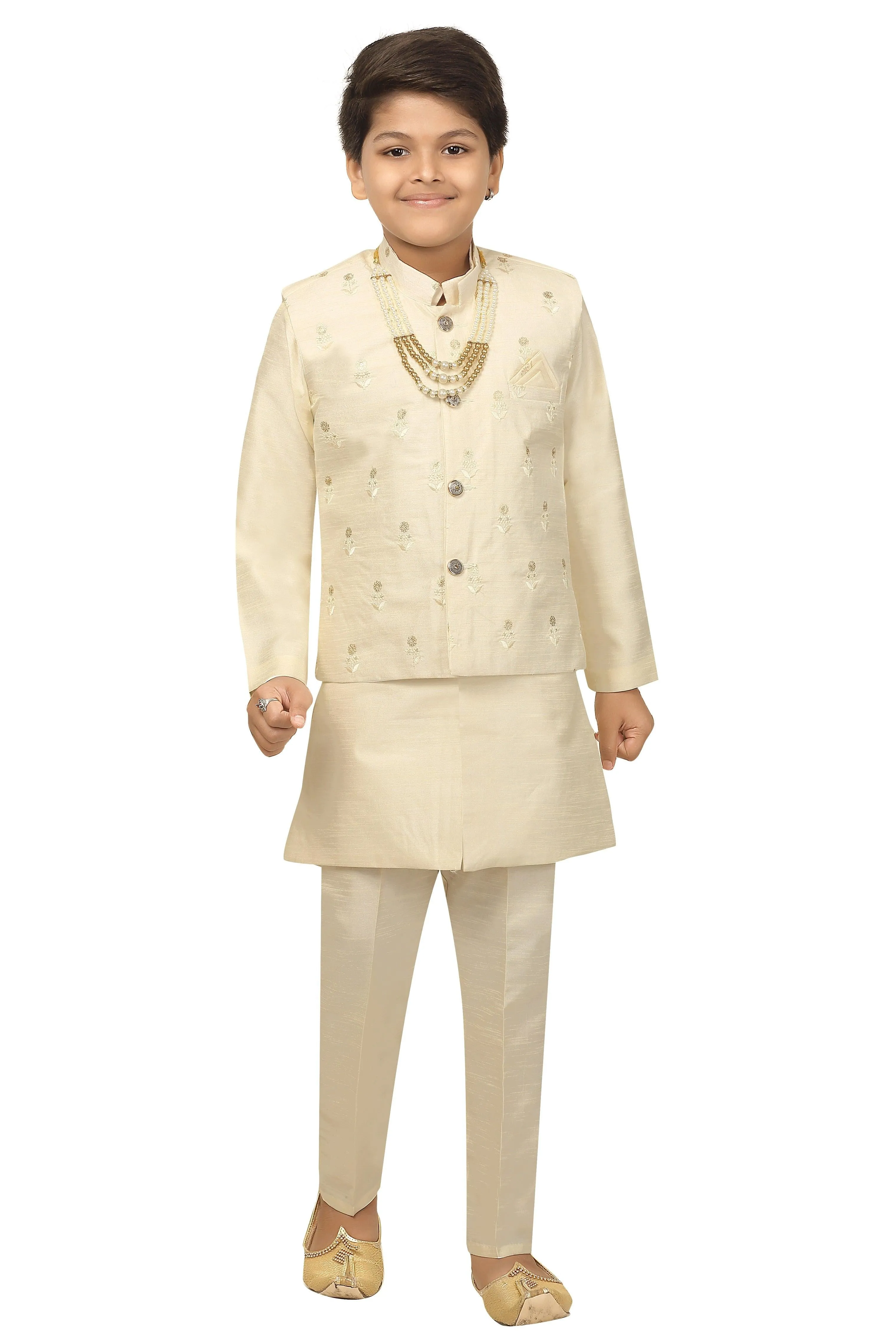 Ahhaaaa Kids Ethnic Cotton Silk Blend Nehru Modi Jacket Kurta & Pyjama Set for Boys