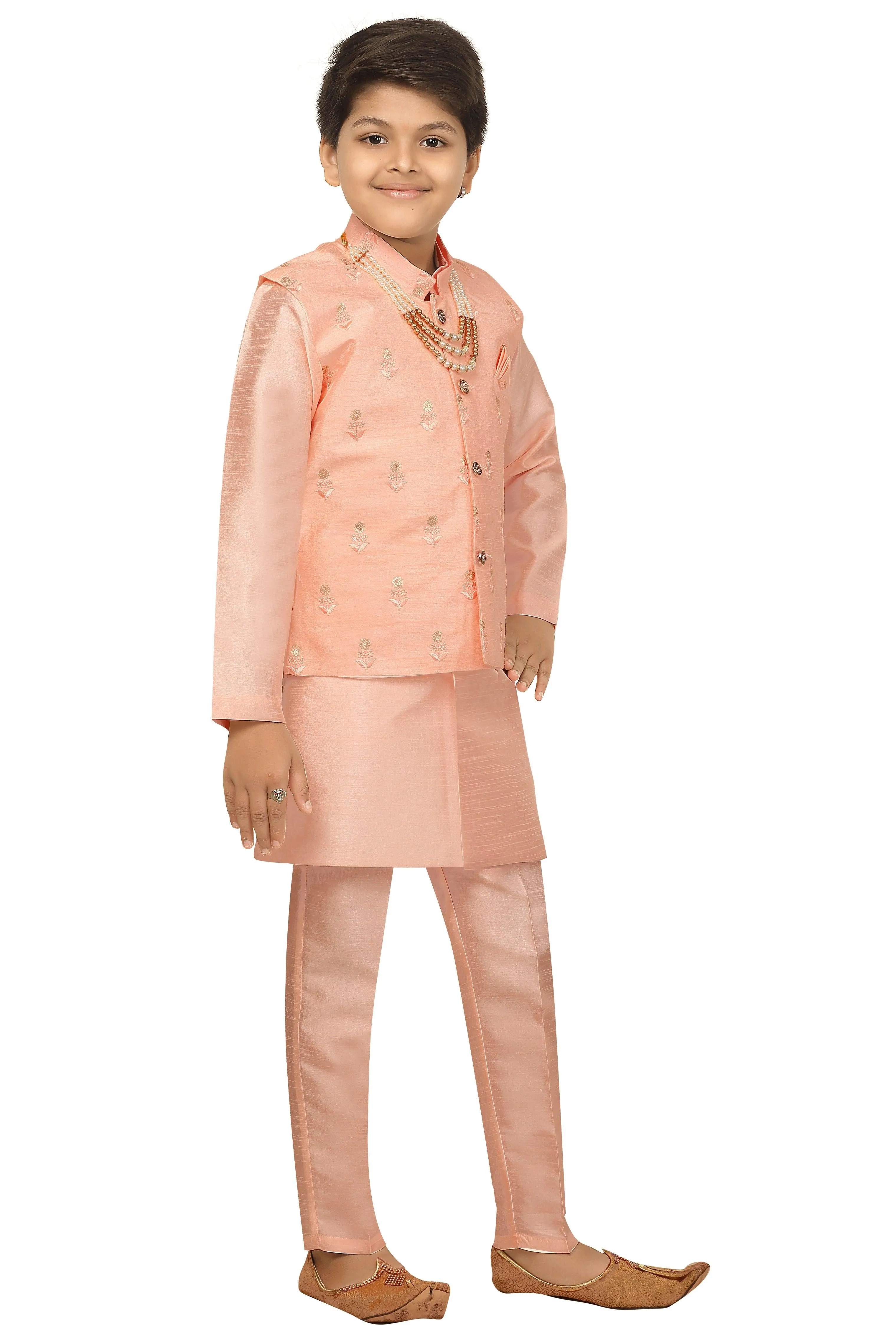 Ahhaaaa Kids Ethnic Cotton Silk Blend Nehru Modi Jacket Kurta & Pyjama Set for Boys