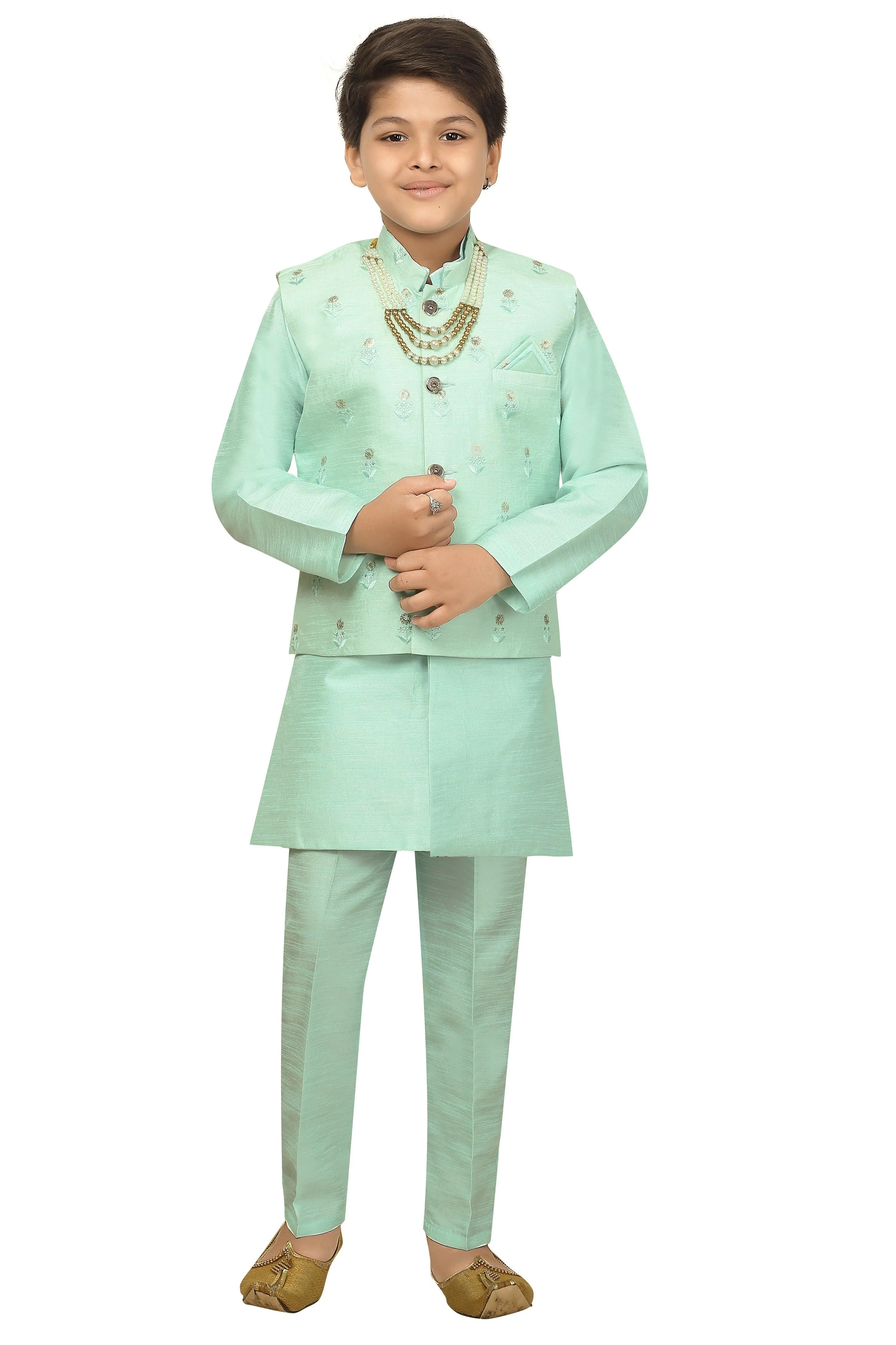 Ahhaaaa Kids Ethnic Cotton Silk Blend Nehru Modi Jacket Kurta & Pyjama Set for Boys