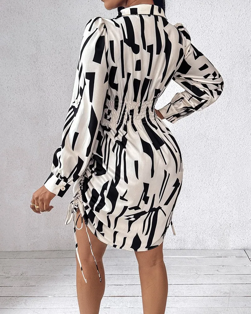 Chic All-Over Print Twisted Shirt Dress with Side Drawstring Detailing