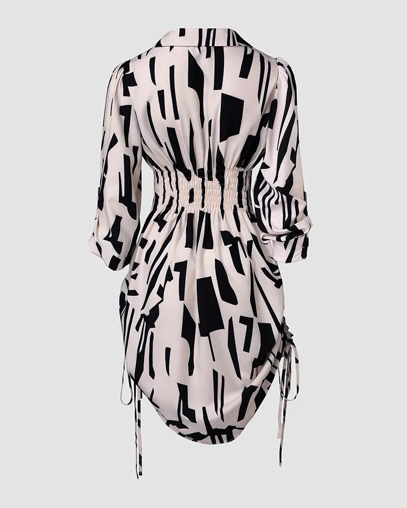 Chic All-Over Print Twisted Shirt Dress with Side Drawstring Detailing