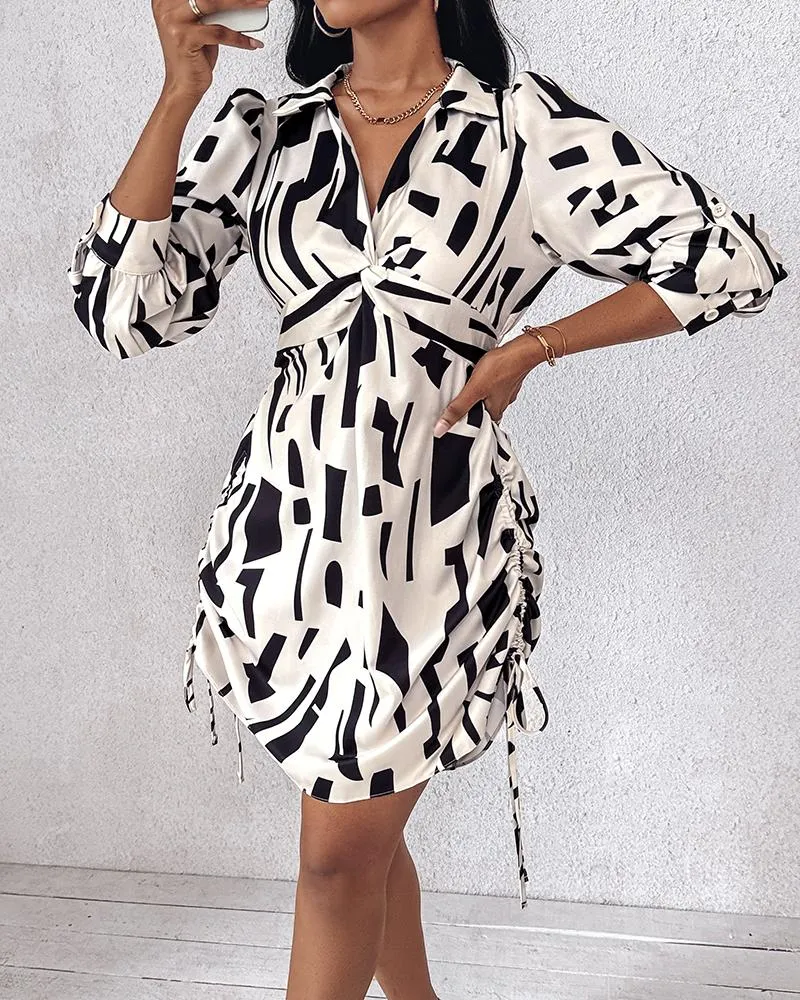 Chic All-Over Print Twisted Shirt Dress with Side Drawstring Detailing