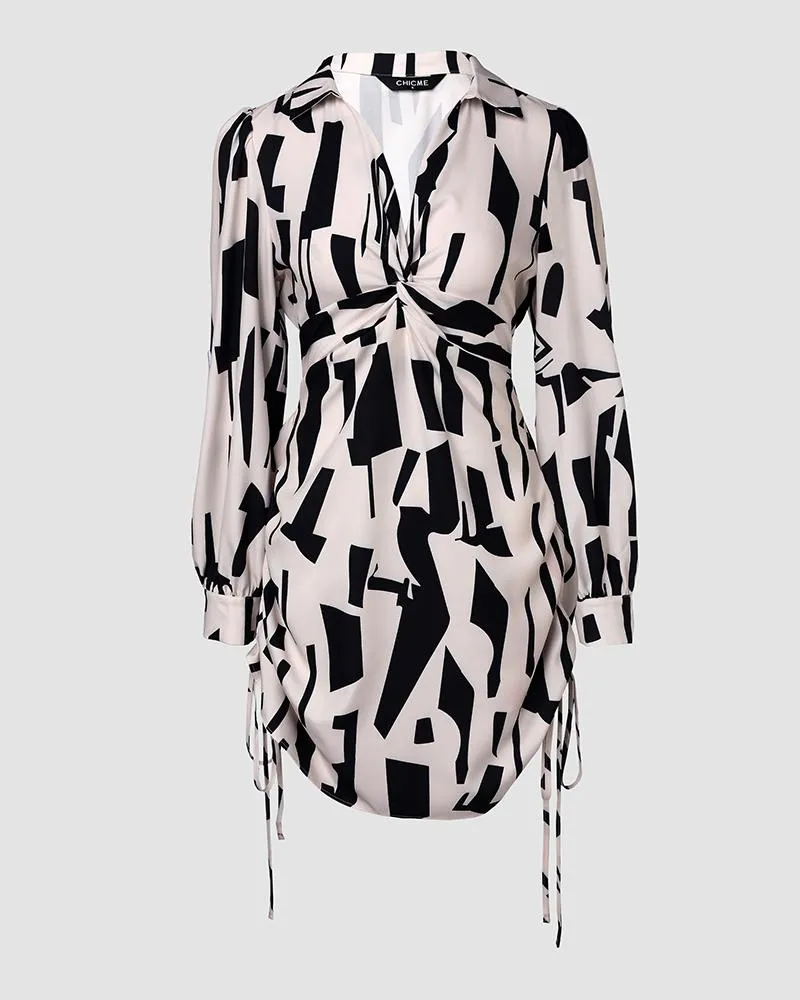 Chic All-Over Print Twisted Shirt Dress with Side Drawstring Detailing