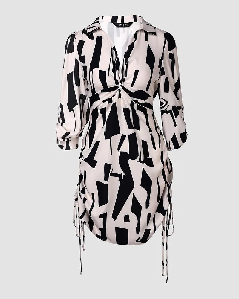 Chic All-Over Print Twisted Shirt Dress with Side Drawstring Detailing