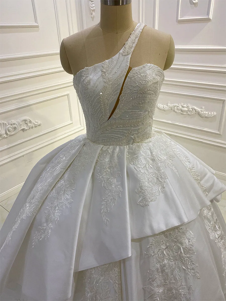 AM810 One Shoulder Lace Applique Tiered Satin luxury Wedding Dress