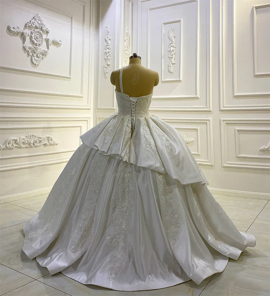 AM810 One Shoulder Lace Applique Tiered Satin luxury Wedding Dress