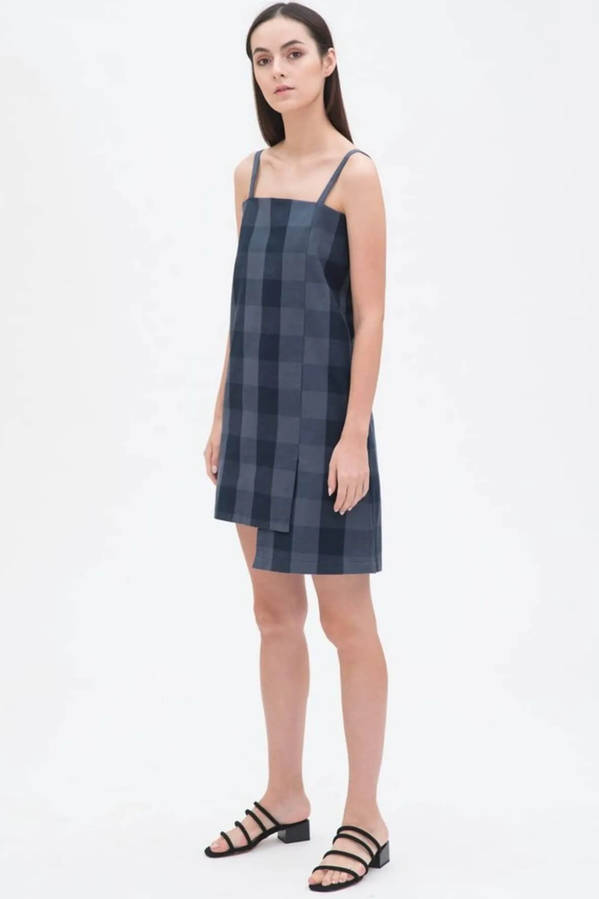 Asymmetric Slip Checked Dress