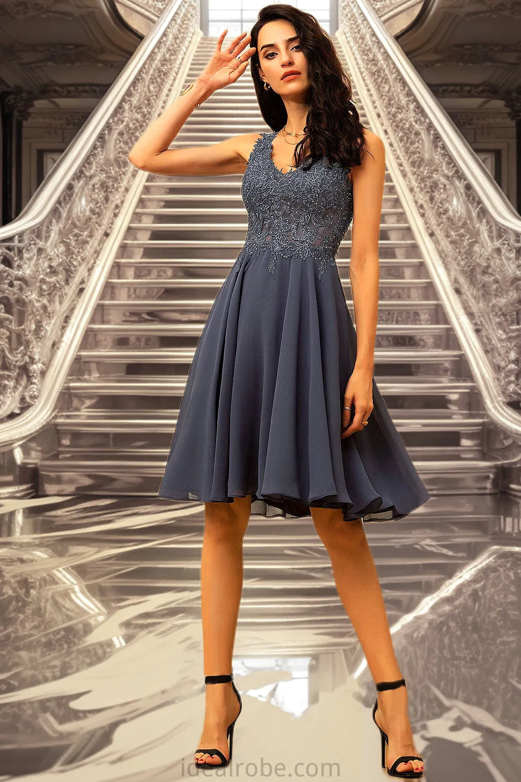 Ayla A-line V-Neck Short/Mini Chiffon Lace Homecoming Dress With Beading STKP0020536