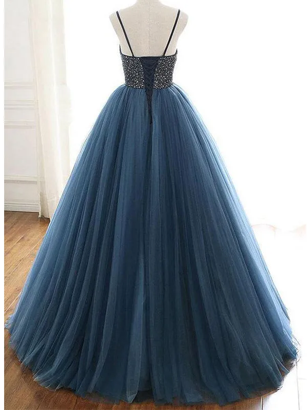 Ball Gown Deep Blue Tulle Prom Dress Evening Dress With Beading, OL698