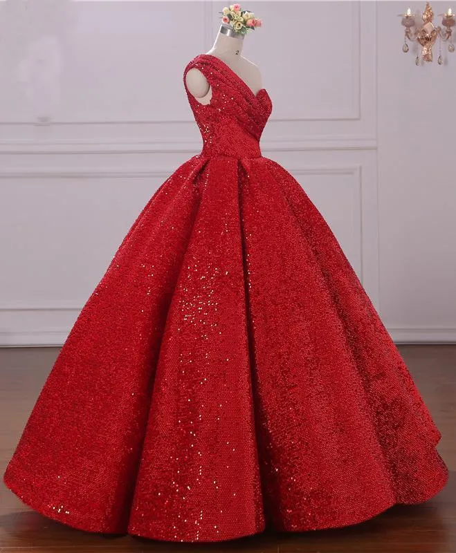 Ball Gown One Shoulder Sequins Red Sweetheart Prom Dresses Quinceanera Dresses