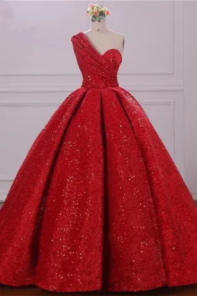 Ball Gown One Shoulder Sequins Red Sweetheart Prom Dresses Quinceanera Dresses