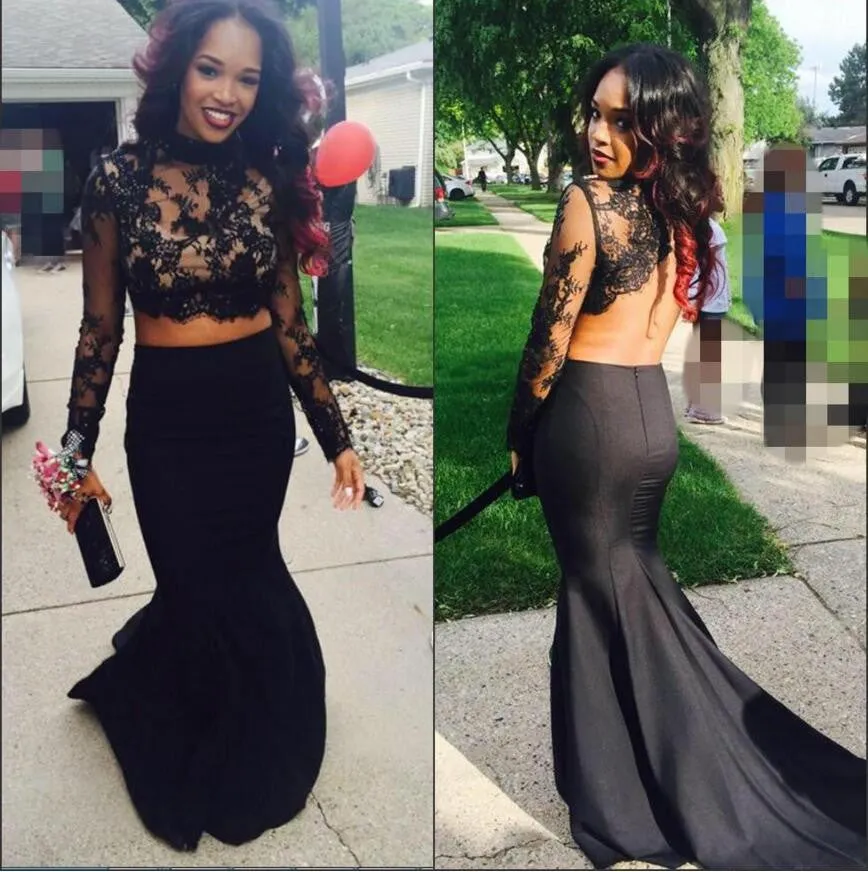 Black Lace Two Pieces Long Sleeve Backless Mermaid Sexy Long Prom Dress, WG537