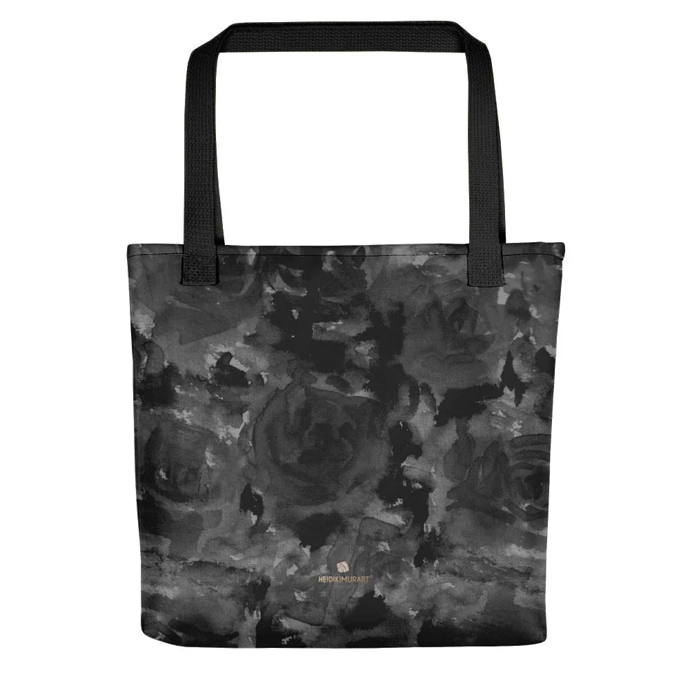 Black Rose Tote Bag, Floral Print 15" x 15", 2.6 US Gal. Capacity Tote Bag-Made in USA/EU