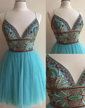 blue homecoming dress, short homecoming dress, beaded prom dress, homecoming dress, straps homecoming dress, BD39755