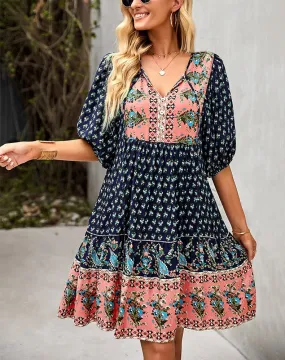 Bohemian Dark Navy Peach Floral Print Puffed Sleeve Dress (Size S to XL)