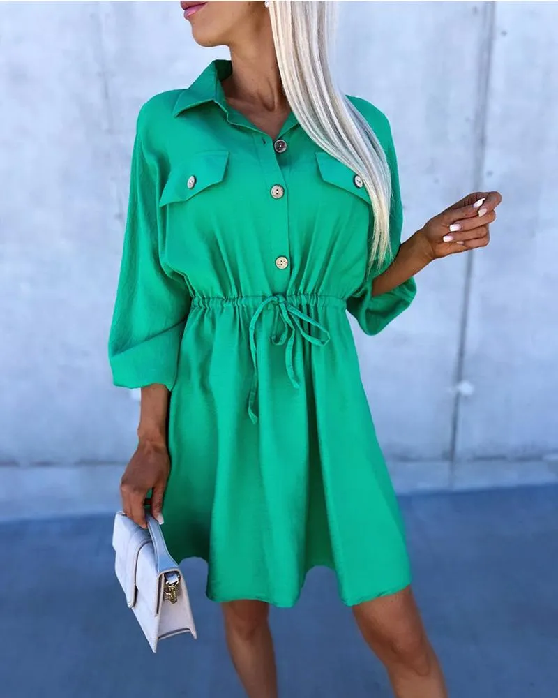 Buttoned Drawstring Flap Detail Shirt Dress