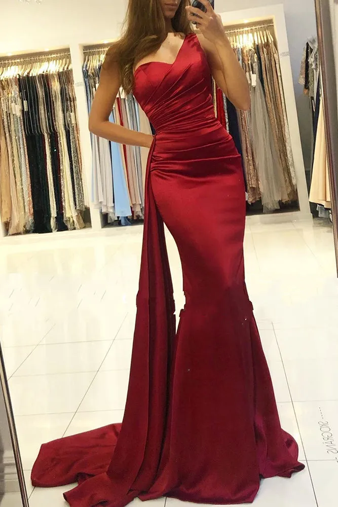 Charming Long Mermaid One Shoulder Burgundy Prom Dress With Slit