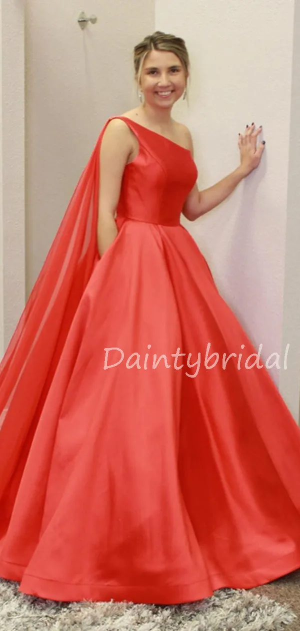 Charming One-shoulder Satin A-line Long Prom Dresses Evening Dresses.DB10575