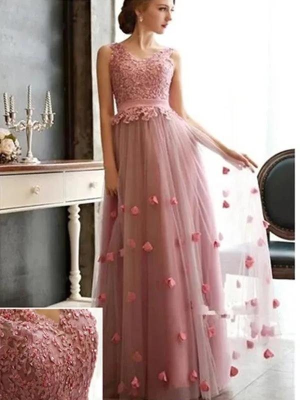 Charming Scoop Neck Tulle With Appliques Lace Up Back Prom Dresses,PD0090