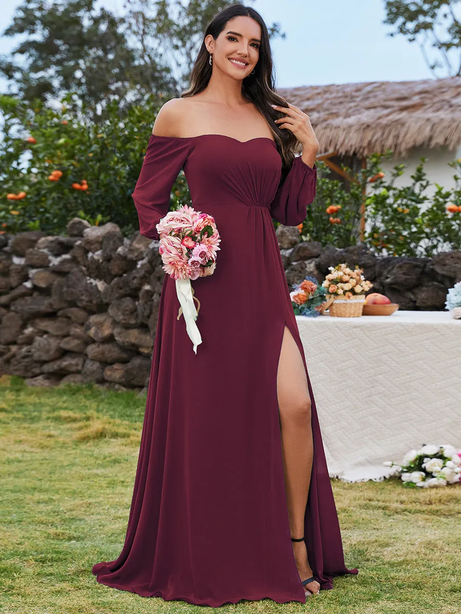 Chiffon Maxi Long One Shoulder Evening Dresses With Lantern Sleeves