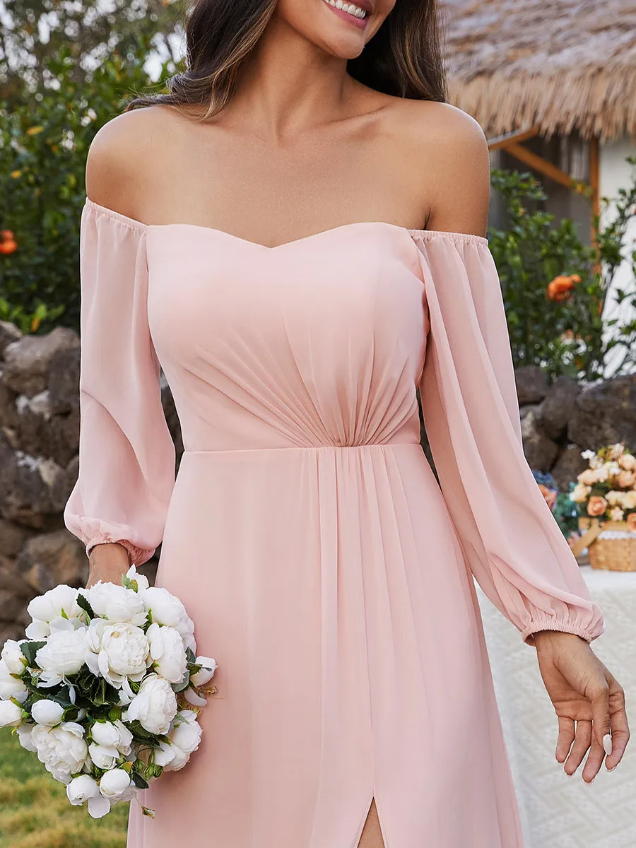 Chiffon Maxi Long One Shoulder Evening Dresses With Lantern Sleeves