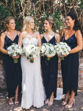 Dark Navy Jersey Spaghetti Strap V-neck Sheath High Low Bridesmaid Dresses,DB133