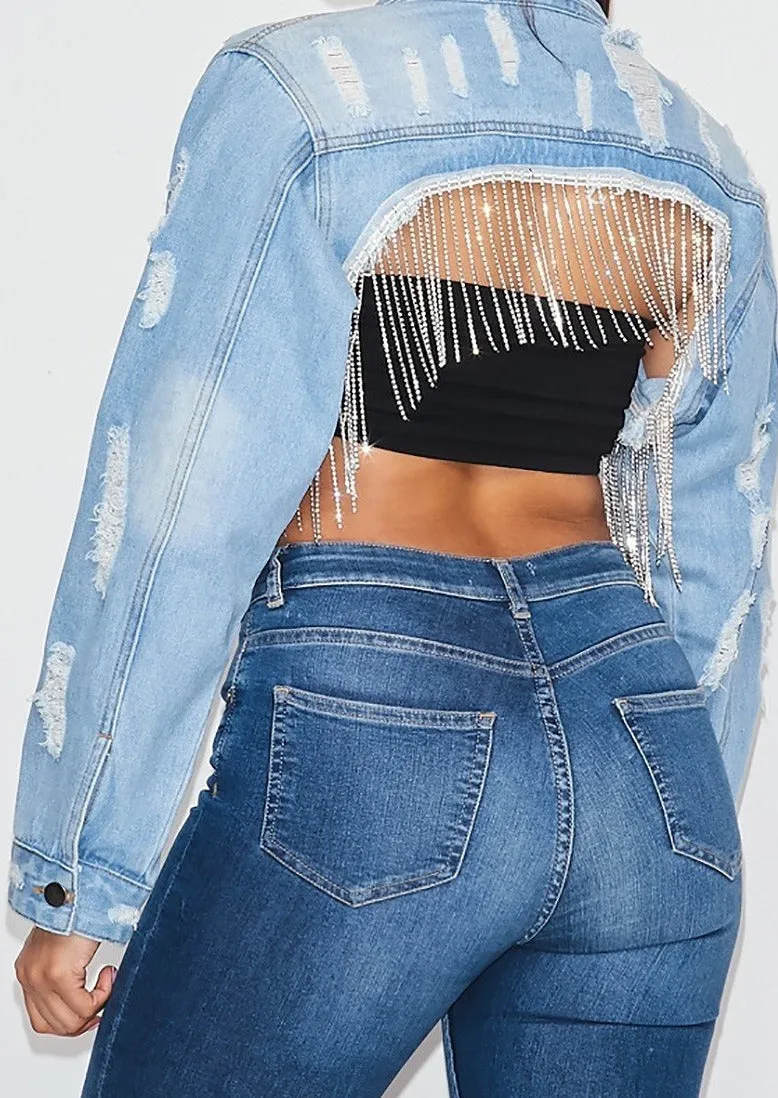 Drina Rhinestone Fringe Cropped Denim Jacket