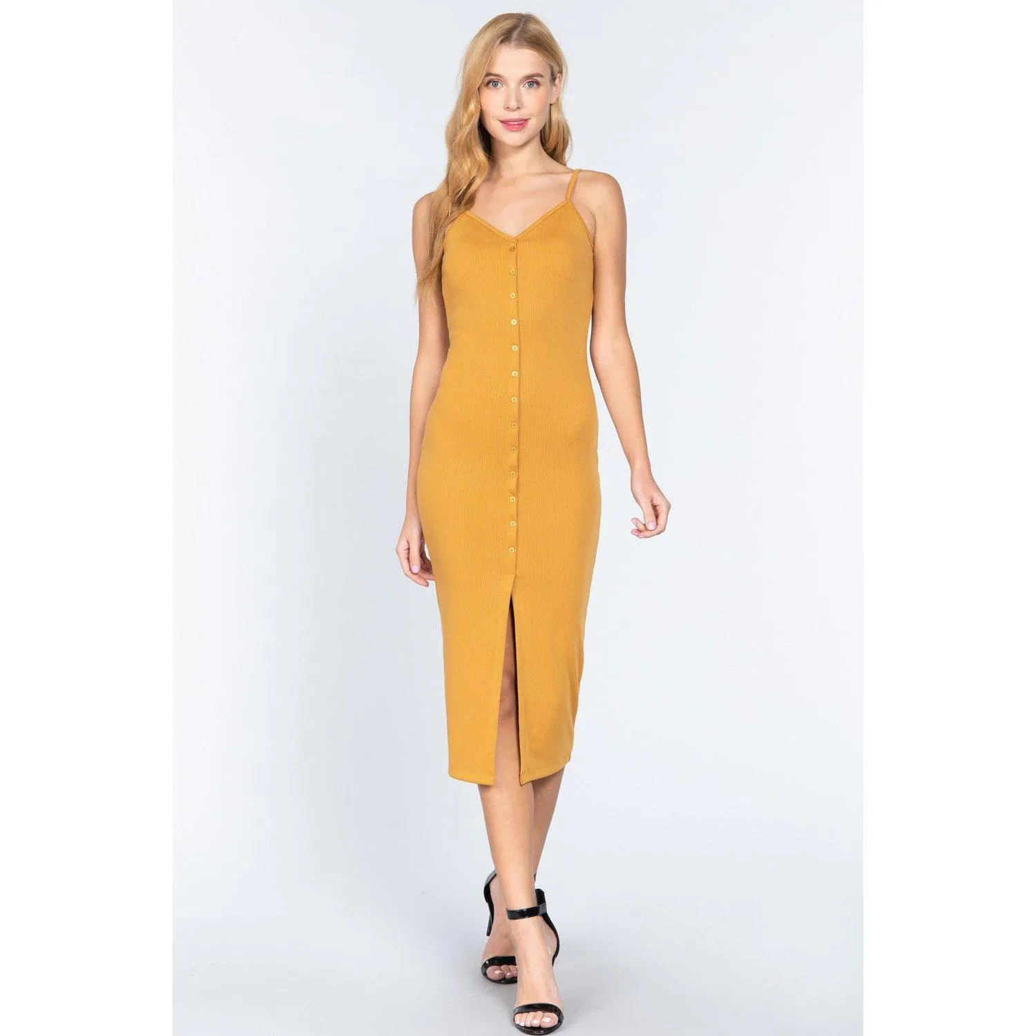 Fron Button Slit Rib Cami Midi Dress