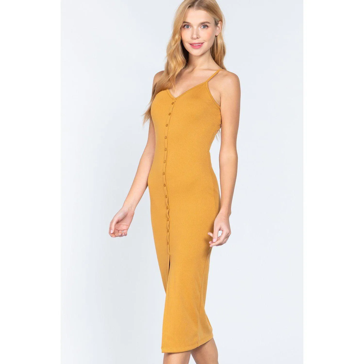 Fron Button Slit Rib Cami Midi Dress