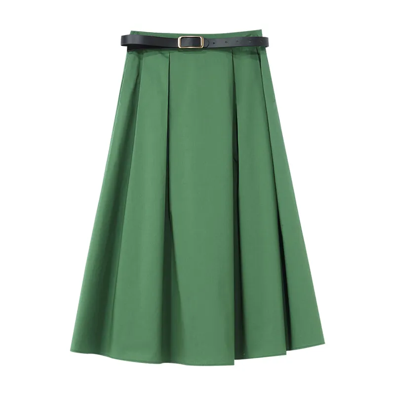 Green A-Line Mid-Calf Women Skirt