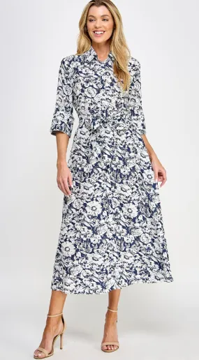 Hazel Floral Shirt Dress in Navy/White