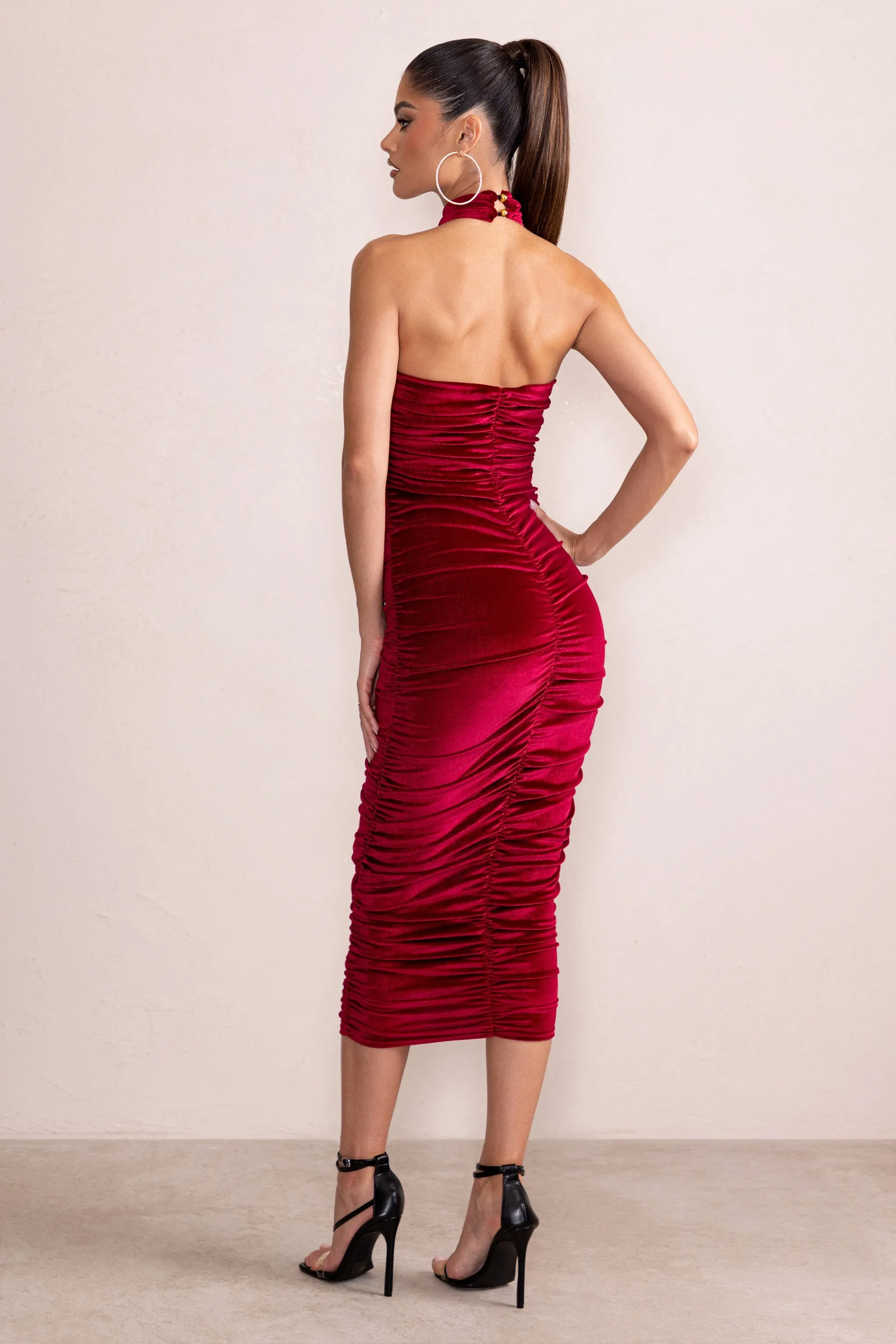 Hourglass | Berry Velvet Halterneck Ruched Midi Dress